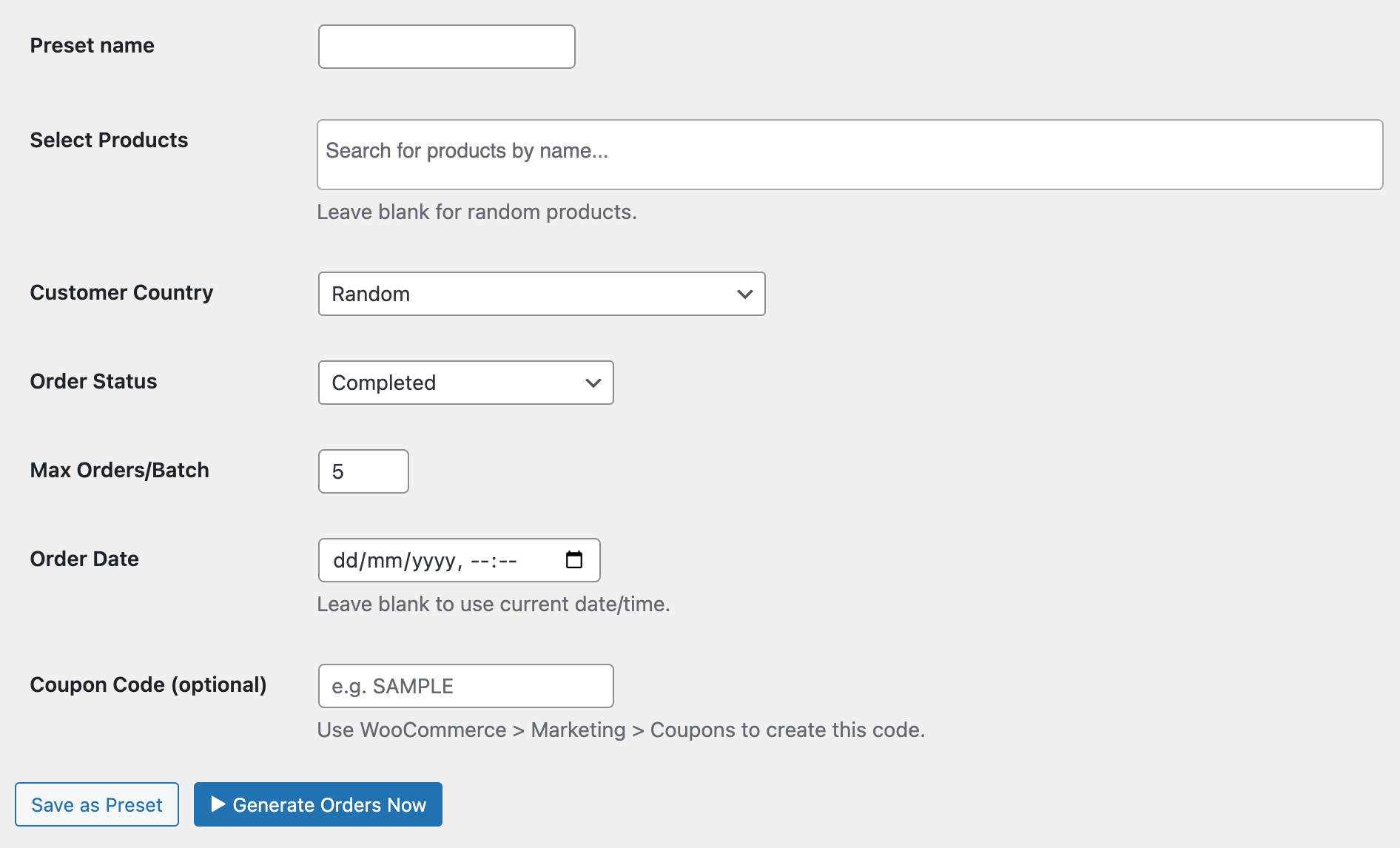 Custom order generation settings