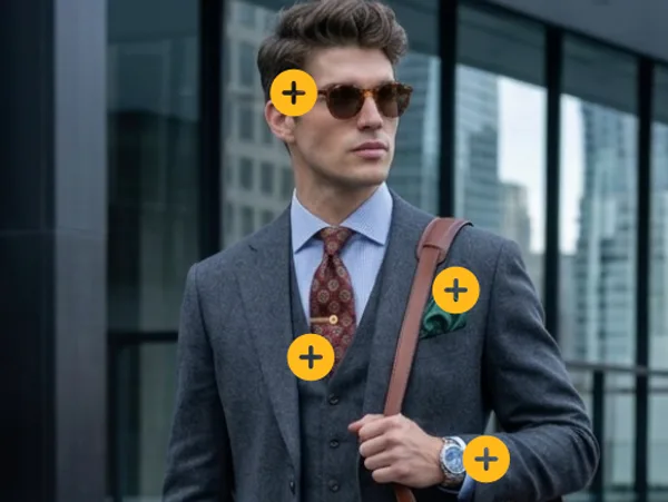 A single photo with three product hotspot markers