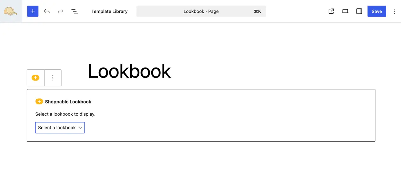 A lookbook block with a Select a lookbook dropdown, shown in the block editor