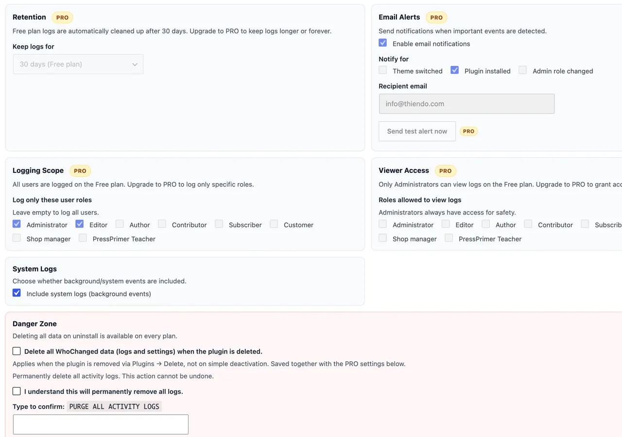 WhoChanged settings showing retention, email alerts, logging scope and viewer access controls
